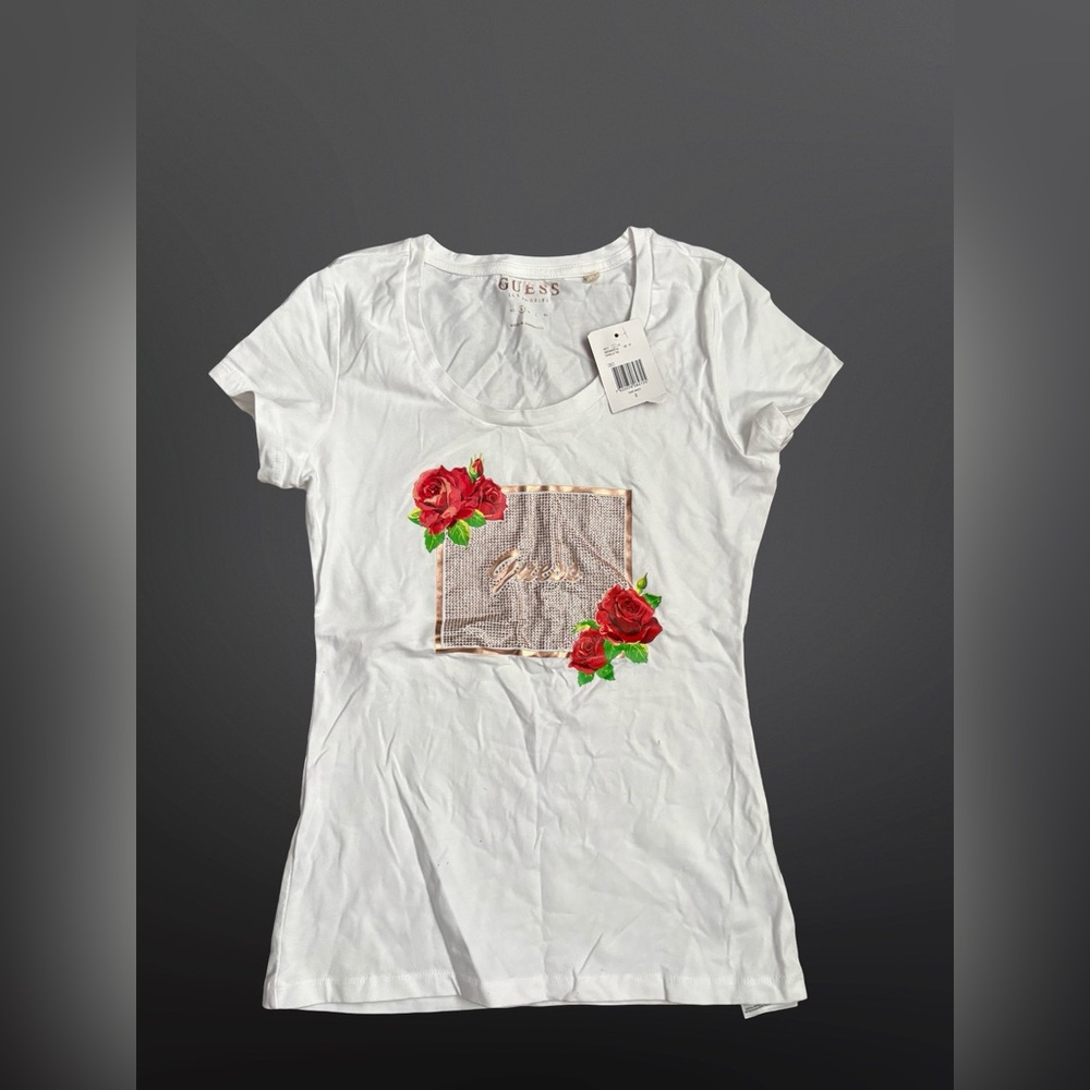 GUESS Camille Tee White Short Sleeve Tee with Sequin Square & Red Rose Appliqué